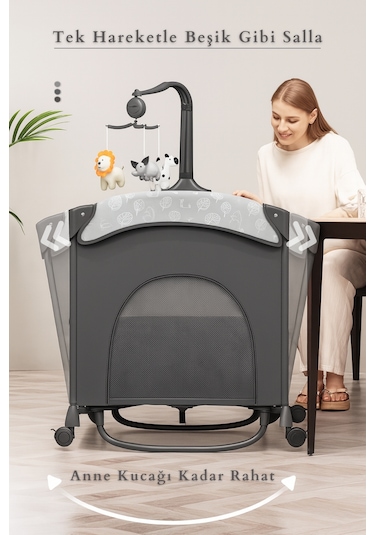 Kiwi Wildnest 3in1 Anne Yanı Park Yatak Katlanır Beşik, Tekerlekli, Yan Açılır, Müzik+oyuncak+cibinlik