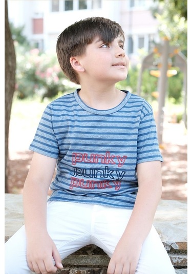 Pamuklu Çizgili Tişört Mavi Punky Animals 2022-B-0005 Mavi