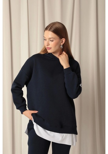 Üç İplik Kumaş Kapüşonlu Kadın Lacivert Sweat Çok Renkli