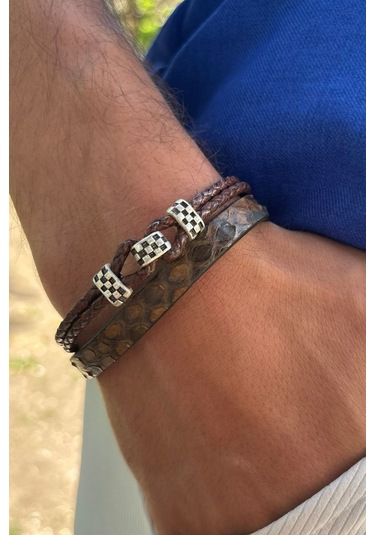 Yılan Derisi Desenli El İşçiliği İle Üretilmiş Hakiki Deri Erkek Bileklik Kahverengi