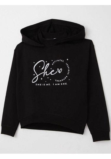 Kız Çocuk Kapüşonlu She Is Me Yazılı Eşofman Takım-15365 Siyah