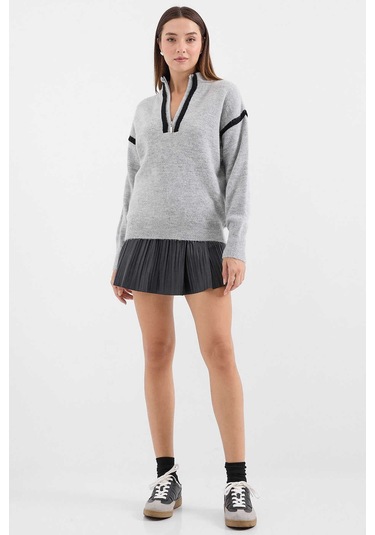 Gabria Fermuarlı Şeritli Kazak Gri