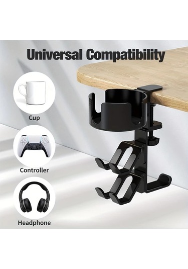 Xuweiwei Kwtoul Siyah Alüminyum Oyun Kumandası Tutucu 3ü 1 Arada Masa Bardak Tutucu 360 Derece Dönüşlü Kulaklık Standı Evrensel Uyumlu Siyah