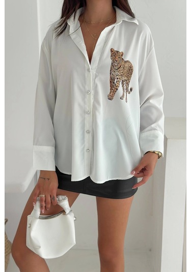 Aslan Desen Baskılı Taşlı Gömlek Beyaz