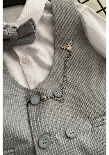 Matrix Yelekli Zincirli Erkek Çocuk Takım Elbise Gri