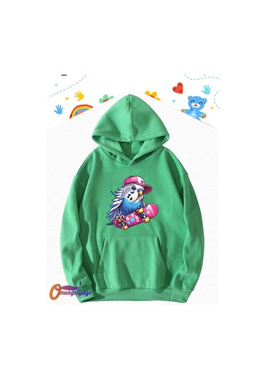 Muhabbet Kuşu Tasarım Çocuk Sweatshirt Hoodie Yeşil