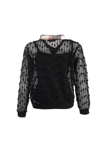 Vedi Oversize Uzun Kol Minimalist File Detaylı Kadın Bluz Siyah