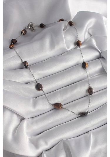 316l Çelik Gümüş Renk Zincir Kahverengi Doğaltaş Model Kadın Kolye Çok Renkli