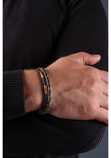 Ssilhoutte Doğaltaş Sertifikalı Kaplangözü Ve Hematit Kombin Doğal Taş Hediye Erkek Bileklik Kahverengi