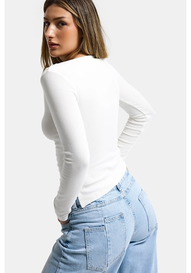 Itsbasic Kadın Beyaz W5 %100 Pamuk Asimetrik Kesim Esnek Bluz Body