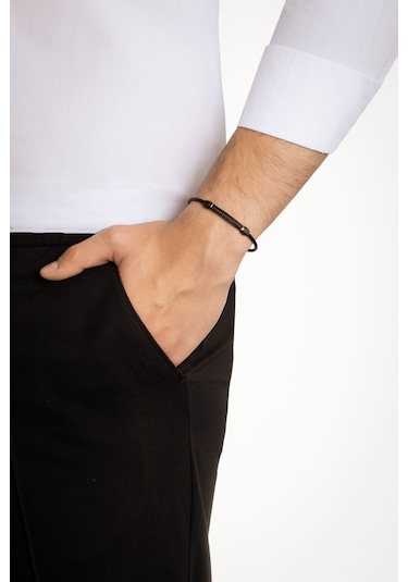 So Chic Siyah Detaylı Çelik Erkek Bileklik Çelik