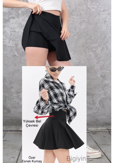 Siyah Etekli Şort Etekli Mayo Kadın Şortlu Etek Dalgıç Kumaş Sporcu Etekli Şort Deniz Şortu Siyah