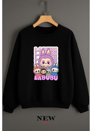 Labubu Baskılı Bisiklet Yaka Sweatshirt Siyah