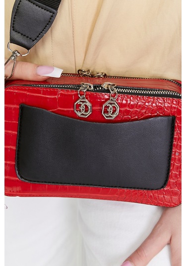 Morpelikan Kırmızı Kroko İki Bölmeli Kadın Omuz Çantası Kırmızı