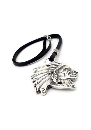 Solfera Kızılderili Şef Ulu Manitu Siyah Deri Metal Erkek Kolye Q0593 Beyaz