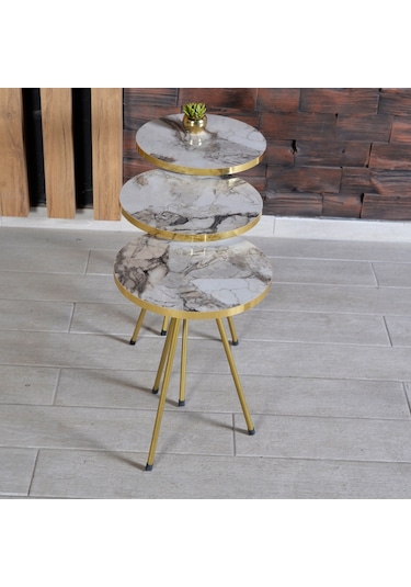 Zigon Sehpa 3'Lü Altın Metal Ayak 2 Renk Seçenekli