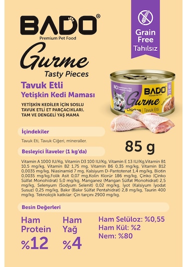 Bado Gurme Yaş Yetişkin Kedi Maması Tavuklu 85 Gr 36 Adet