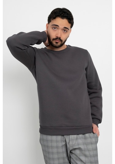 Dasüniforma Basic Baskısız 3 İplik Unisex Cepsiz Düz Sweatshirt Yuvarlak Yaka Sweat Antrasit