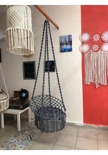 Aslanbutik Makrome Özel Örgü Burgu Halatlı Gri Salıncak Hamak Gri
