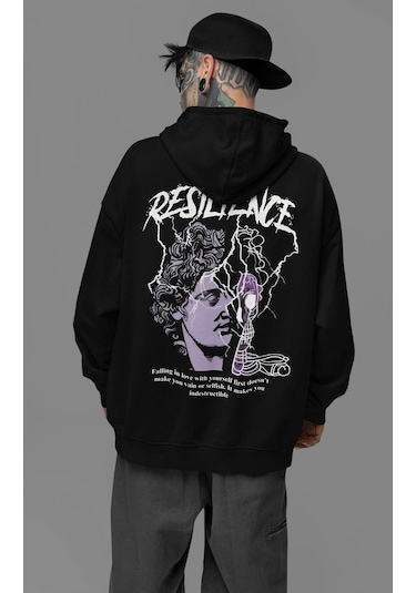 Sevbano Resilience Baskılı Unisex Oversize Tasarım Hoodie Siyah