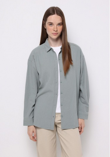 Colins Relax Fit Shirt Neck Düz Kadın Yeşil Uzun Kol Gömlek Cl1077307 Q1.v1 Sag Sage