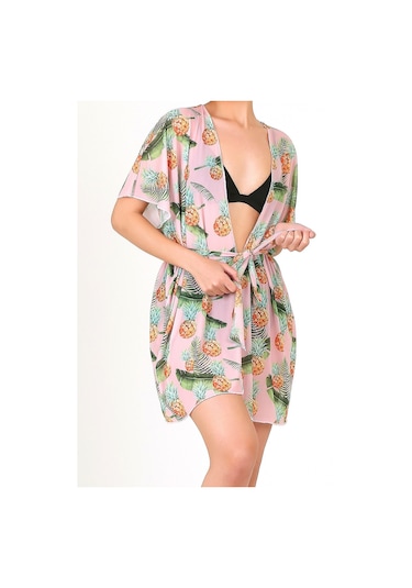 Pareo Plaj Elbisesi Kimono Std Yazlık Oversize Tül Gömlek Kemerli Elbise Ananas Somon
