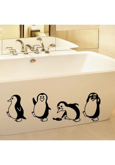 Penguen Dekoratif Duvar, Kapı, Merdiven Süsü Sticker Etiket 4'lü Siyah