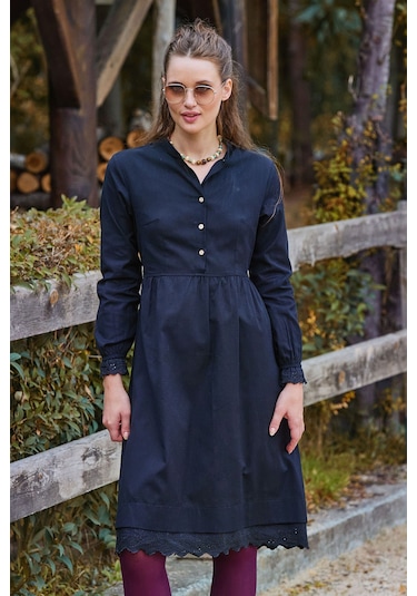 Hakim Yaka Beli Lastikli Dantelli Kışlık Elbise Siyah