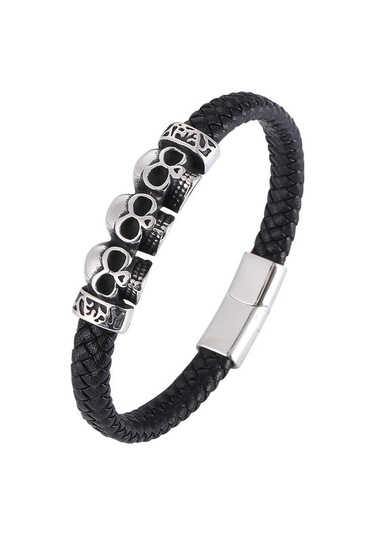 Paslanmaz Çelik Kurukafa Yakışıklı Takı Deri Bileklik Erkek Paslanmaz Çelik Takı Siyah Siyah