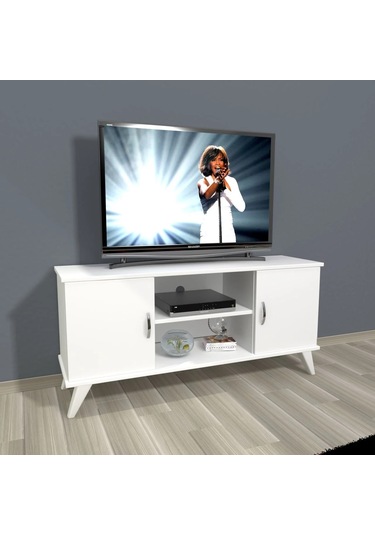 Decoraktiv Eko 120 Mdf Retro Tv Ünitesi Tv Sehpası - Parlak Beyaz Ceviz - Siyah