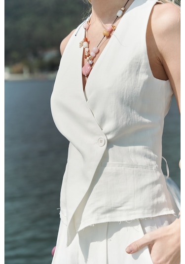 Nagmetah Sırt Pencereli Ekru Yelek Pantolon Takım Ekru