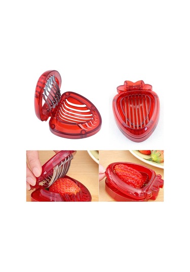 Sones Mutfak Aleti Plastik Çilek Dilimleyici Meyve Bıçağı Paslanmaz Çelik Bıçaklı Kırmızı