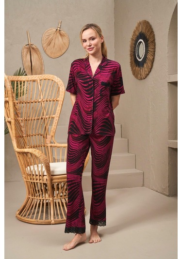 Pjs 25140 Kadın Yakalı Düğmeli Desenli Kısa Kollu Pijama Takım Bordo