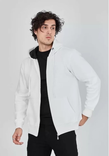 Unisex Tam Fermuarlı Kapşonlu Sweatshirt - Beyaz renkli Çok Renkli