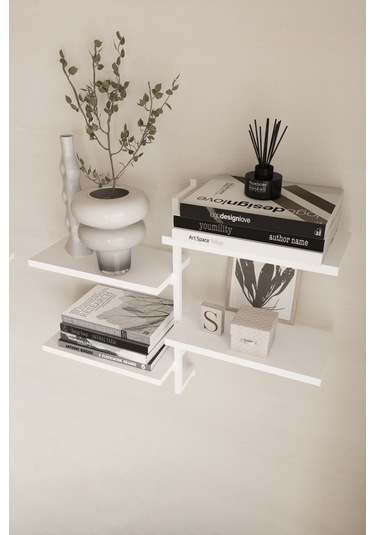 Aju 4 Katlı Duvar Rafı Metal Çerçeveli Dekoratif Kitaplık Ve Raf Ünitesi Modern Tasarım Beyaz