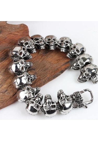 Novahub Gotik Kafatası Vintage Erkek Bileklik - Siyah Punk Paslanmaz Çelik Bilezik - Gümüş Renk Gümüş