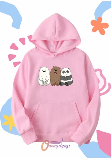 Çocuk Unisex Ayıcıklar Baskılı Oversize Kapüşönlü Sweatshirt Pembe