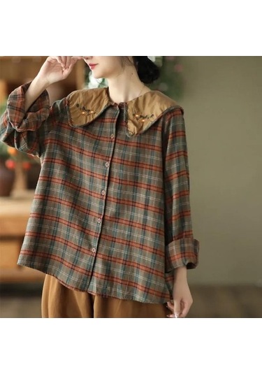 Novahub İlkbahar Retro İşlemeli Bebek Yaka Gömlek Kadın Mizaç Ekose Gömlek Uzun Kollu Ekose Üst Yeşil - M Yeşil