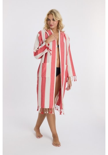 Mulberry Striped Peştemal Bornoz Banyo Ve Plaj Elbisesi Kırmızı