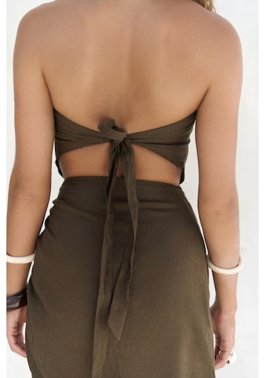 Mai Collection Abrossa Boyundan Bağcıklı Asimetrik Kahve Keten Elbise Kahverengi