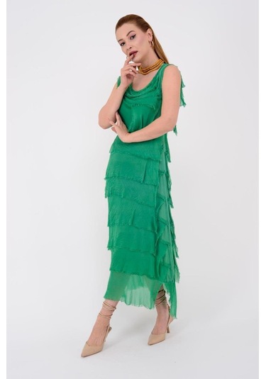 Italyan 2 Beden İnce Gösteren Kat Kat Kolsuz Ipek Elbise-8769 Yeşil