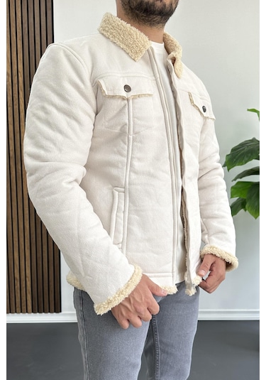 Erkek İçi Kürklü Suni Pul Deri Mont Beyaz Edw120-beyaz Beyaz