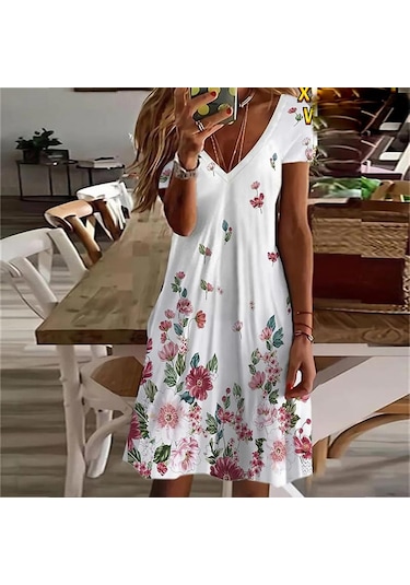 Beyaz Yaz Moda V Yaka Elbise Bayanlar Kısa Kollu Kırmızı Çiçekler Baskılı Elbise Gevşek Gündelik Elbise Kadınlar İçin Beyaz