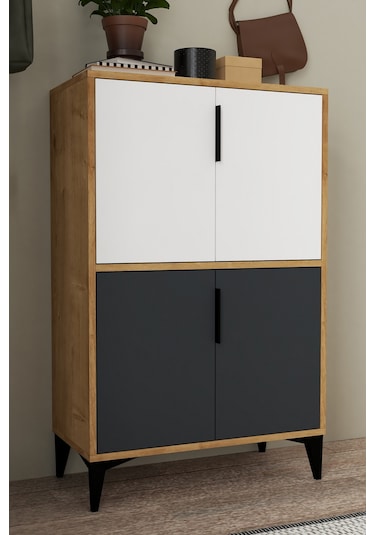 1404 Ada Ayakkabılık 4 Raflı 4 Kapaklı Çok Amaçlı Dolap Kiler Safir Beyaz Antrasit Safir Beyaz - Antrasit - Safir