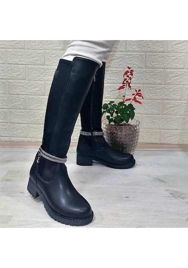 M.p 2753 Siyah Taşlı Ligralı Fermuarlı 45cm Bayan Çizme 001