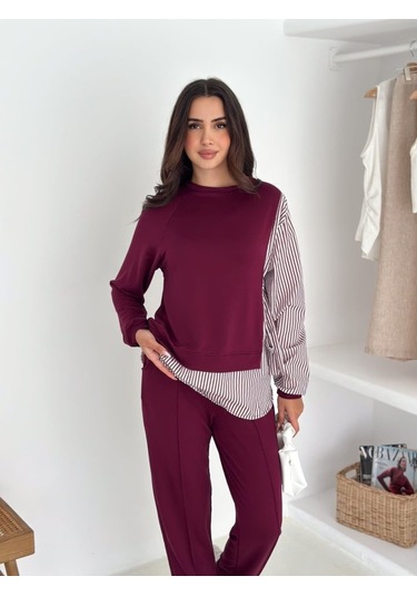 Kadın Gömlek Detay Çizgili Yandan Bağlamalı Ikili Takım Bordo