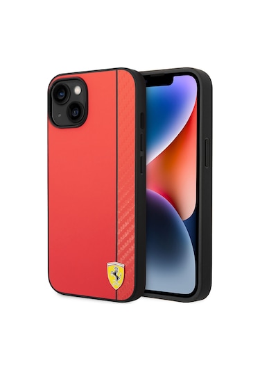 İphone Uyumlu 14 Kılıf Ferrari Lisanslı Magsafe Uyumlu Pu Deri Ve Karbon Şeritli Dizayn Kapak Kırmızı