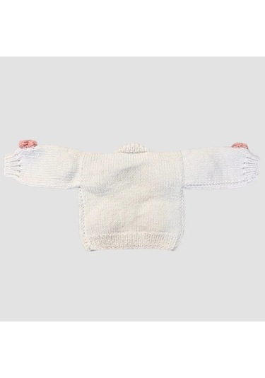 Uretti - Gülnur 2184 - El Örgüsü Gül Kurusu Çiçekli Kız Çocuk Hırka 4 Yaş - Beyaz Beyaz