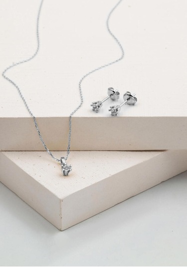 Bilezikci Altı Tırnaklı Tektaş 14 Ayar Beyaz Altın 2'li Set