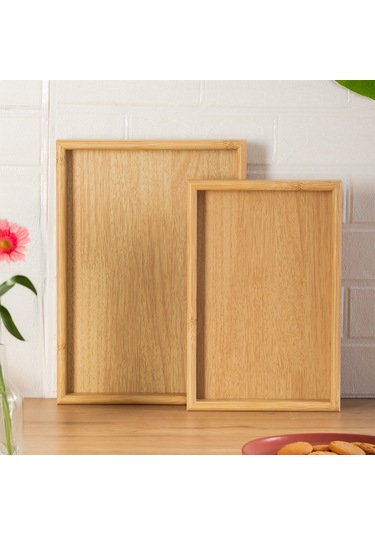 Porsima Pbt-362 Ahşap Tepsi 2li Set Çay Kahve Bambu Sunumu Tepsi Seti Ahşap